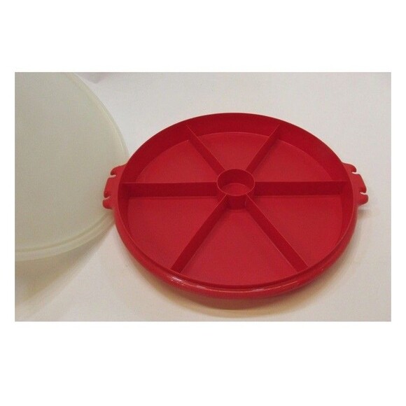 Vintage Tupperware Red Divided Serving Tray Candy Veggie Fruit Meat Cheese w Lid - Picture 2 of 6